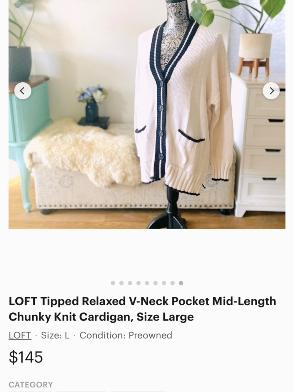 LOFT Cream Cardigan Tennis Sweater with Black Trim and Front Pockets - Picture 6 of 6